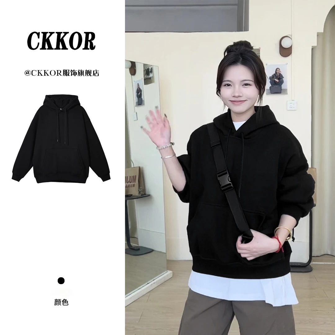 CKKOR美式复古时尚简约休闲运动风早秋季加绒加厚连帽卫衣外套女