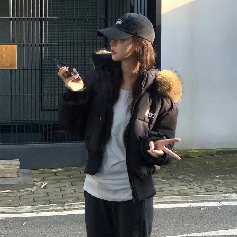 冬季2025新款黑色短款连帽棉服显瘦高级感大毛领棉衣厚外套