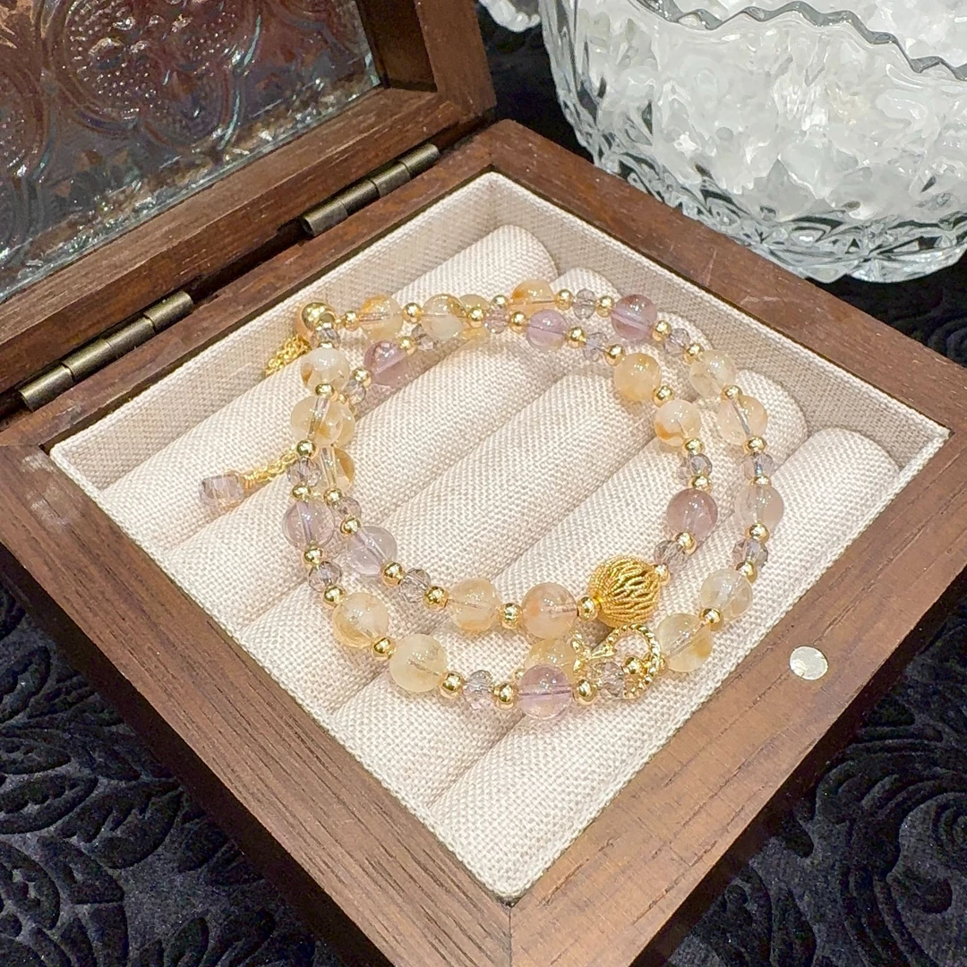 【紫韵鎏金】天然紫水晶黄水晶手链时尚单圈手链