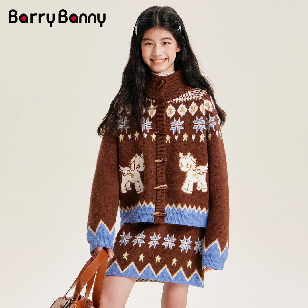 BarryBanny女童半高领复古毛衣开衫套装2025冬针织外套8018 8019