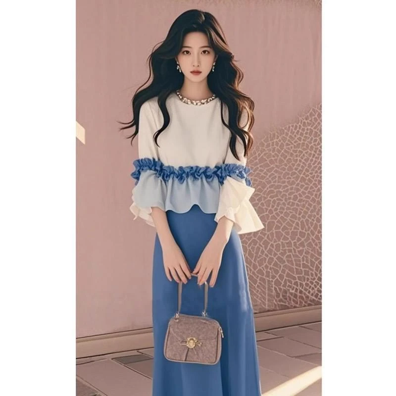 2025年春秋新款小香风荷叶边上衣蓝色半身裙两件套女洋气减龄套装