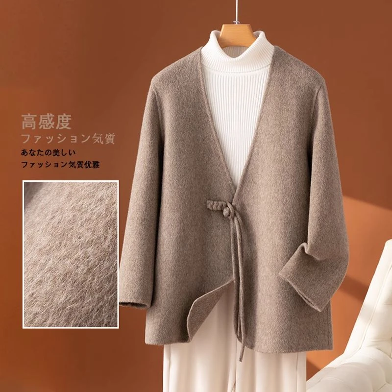 新中式国风宽松羊毛呢子女短款双面羊毛大衣秋冬新款毛呢外套红色