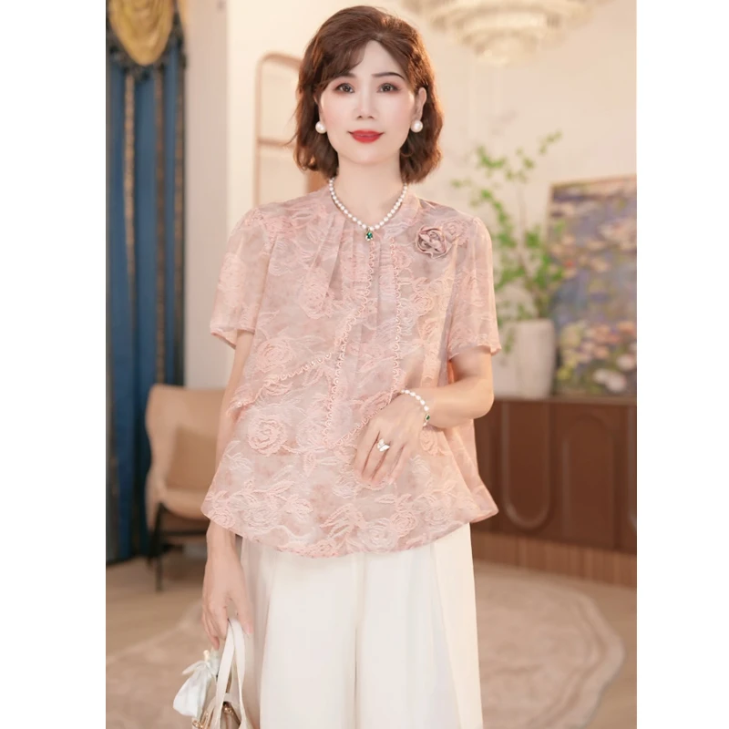 2025新款妈妈装夏季时尚气质中年女装宽松新中式小衫套装