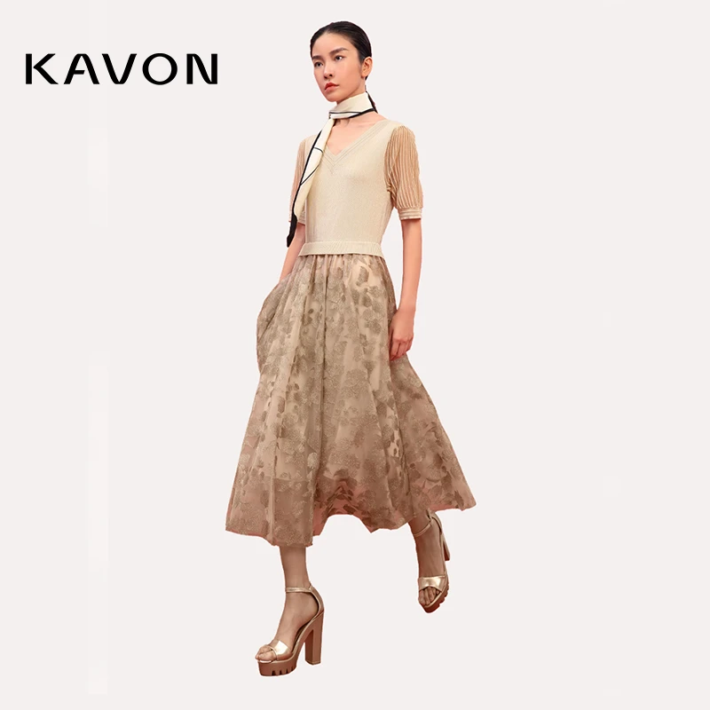 【婷婷专属】轻奢优雅V领花色毛衫连衣裙KL2M500XA