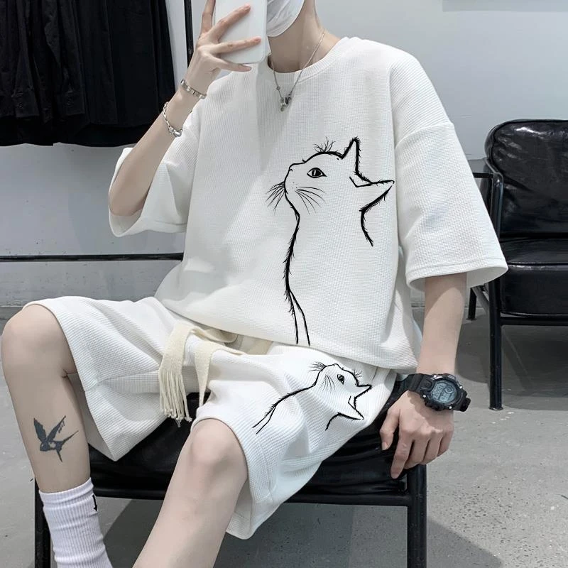 FAVMARTHA少年感男士穿搭一套搭配短袖短裤两件套夏季华夫格宽松T