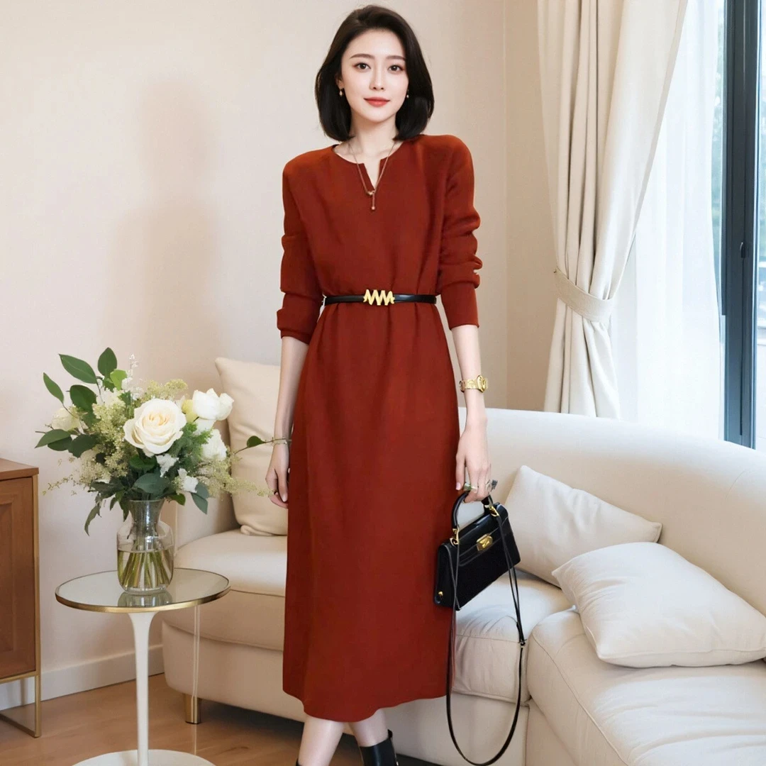 轻奢高级感长袖连衣裙女2025年春秋新款时尚百搭宽松显瘦过膝长裙