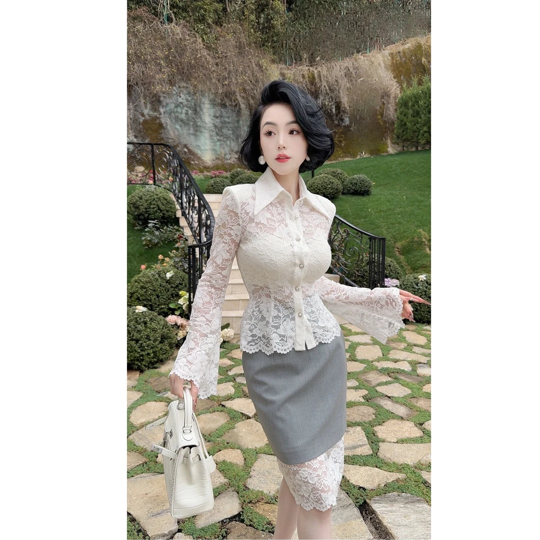 LYXJ【克拉拉小姐】蕾丝套装2025春新款长袖蕾丝时尚气质显瘦套装