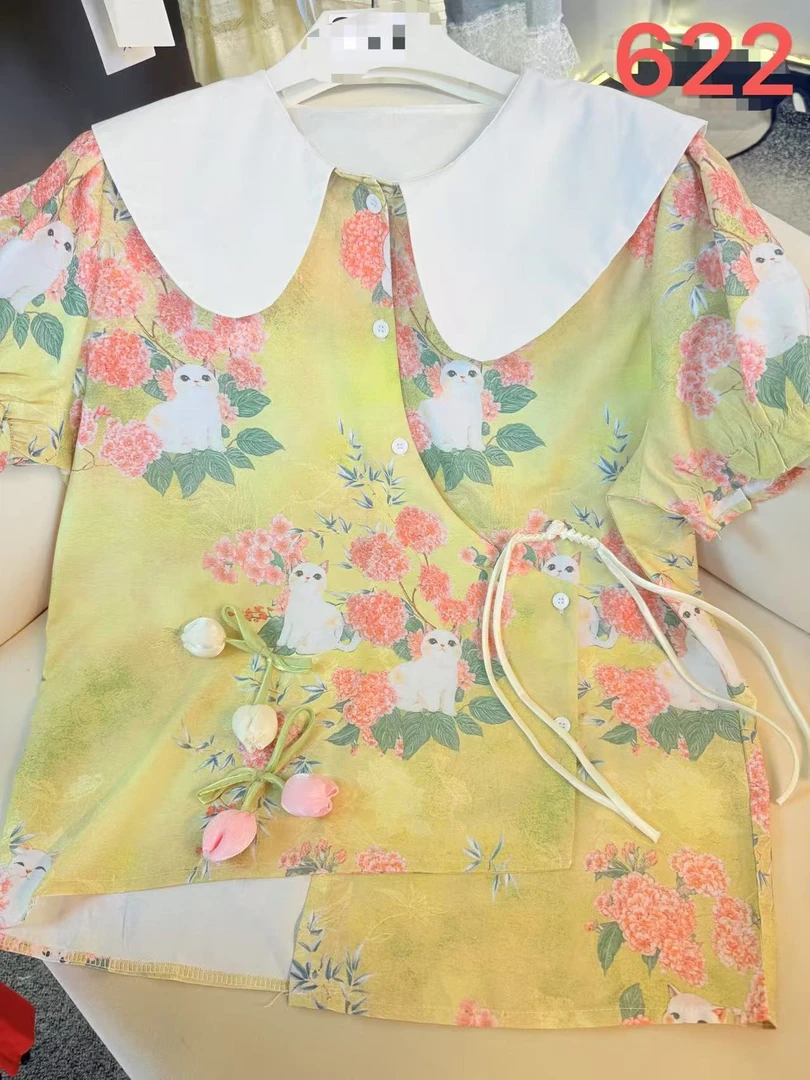 美美推荐薄款短袖常规木耳刺绣夏季衬衫韩版娃娃衫失序混搭风