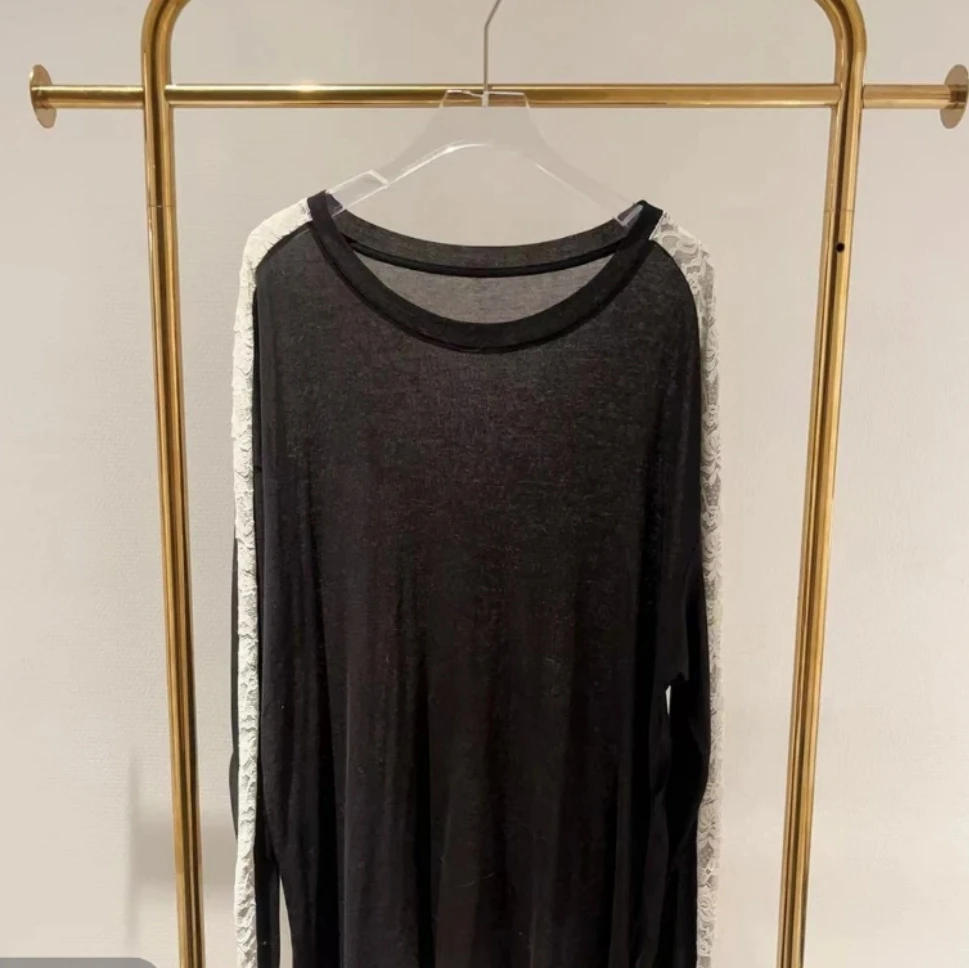 【Z】414/622932/120 新时尚百搭圆领拼接蕾丝花边长袖T恤女上衣