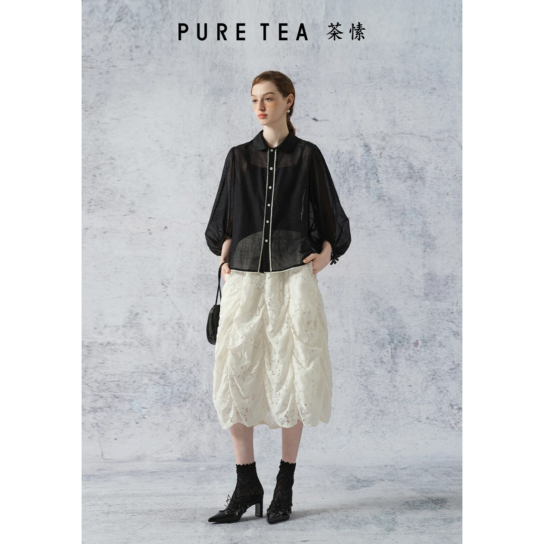 【东方意境】茶愫花边门襟薄衬衫女娃娃领泡泡袖夏季新款TB1801A21