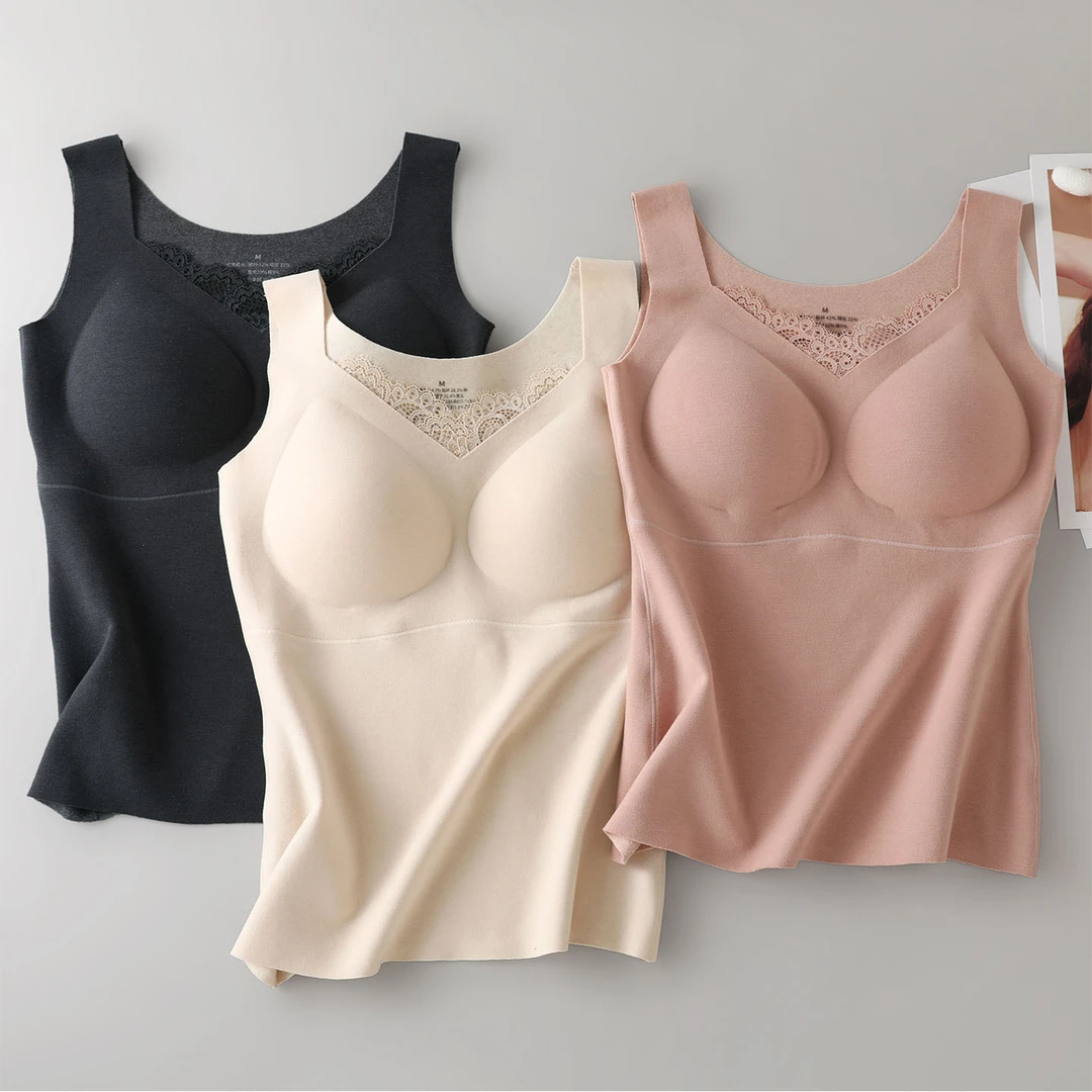 秋冬真丝免穿文胸一体保暖女背心 加宽肩带无痕贴合桑蚕丝V领内衣