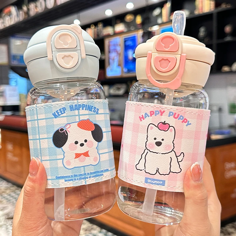 玻璃水杯子爆款2025最新款可爱夏季办公室喝水杯耐高温双饮吸管杯