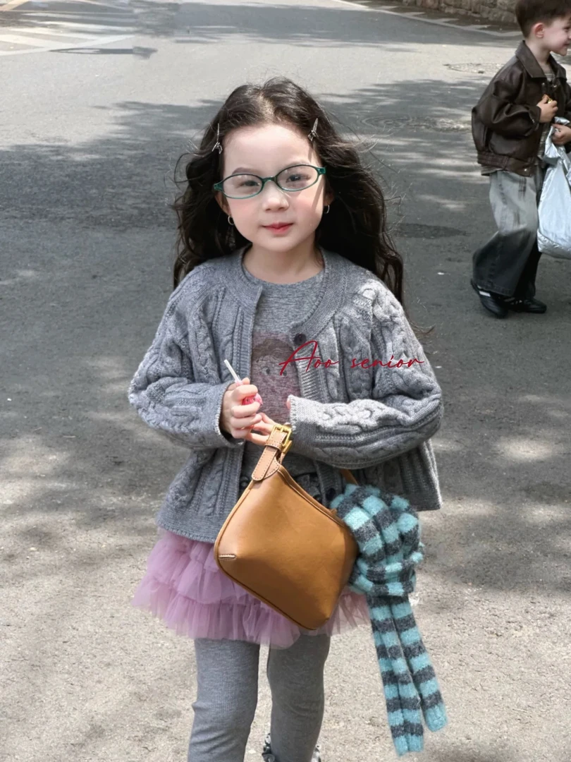 女童毛衣开衫外套2025秋季款儿童韩版花边长袖上衣网纱屁帘打底裤