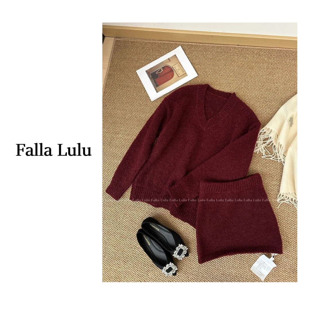 @英子家 氛围红套装~软糯厚实复古红V领毛衣+半身裙短裙 C2393