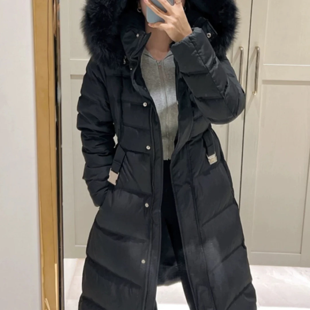 D*ouble25秋冬新款原单收腰连帽狐狸毛领嘎嘎修身外套