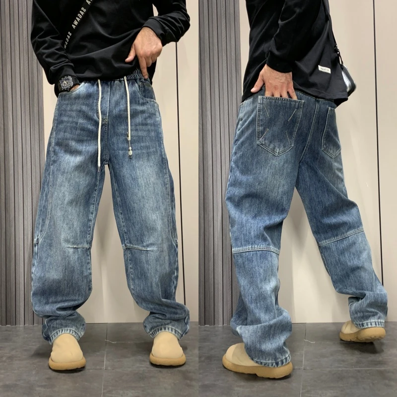 秋冬新款加绒加厚水洗阔腿牛仔裤男士潮流痞帅宽松休闲百搭直筒裤