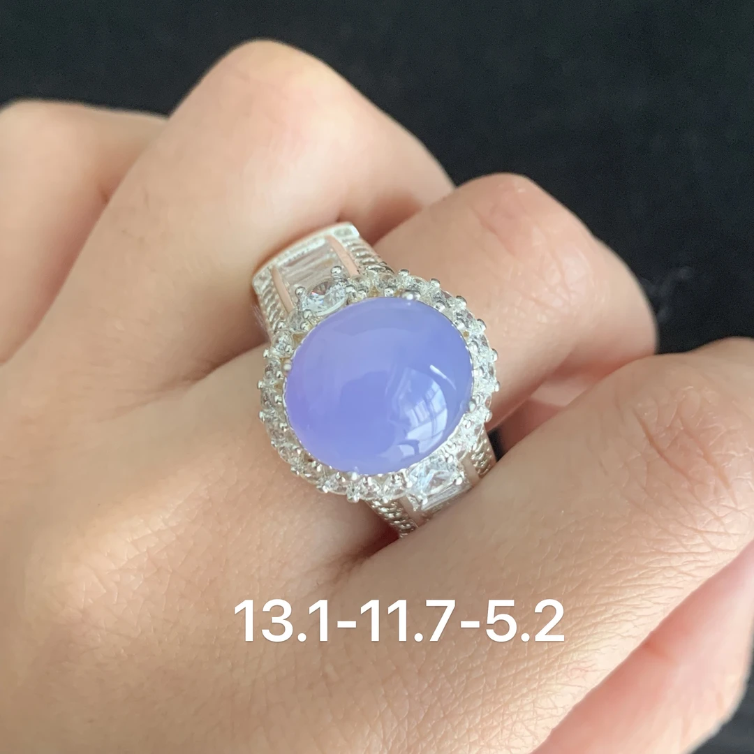 天然A货翡翠大颗粒冰种紫罗兰带飘花戒指