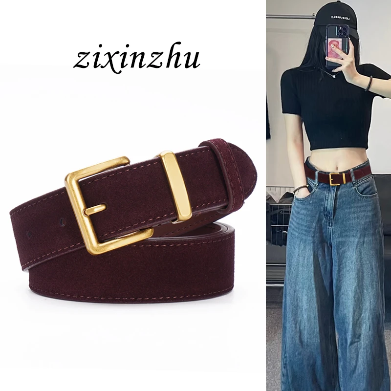 安可拉红色真皮皮带女配牛仔裤复古百搭麂皮绒面磨砂腰带2025新款