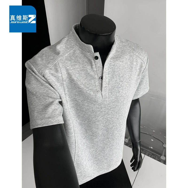 真维斯Z+亨利领解构POLO衫短袖男夏季潮牌重磅美式衬衫领正肩t恤