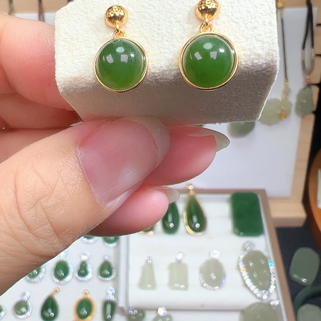 银S925镀金镶嵌和田玉（碧玉）耳饰