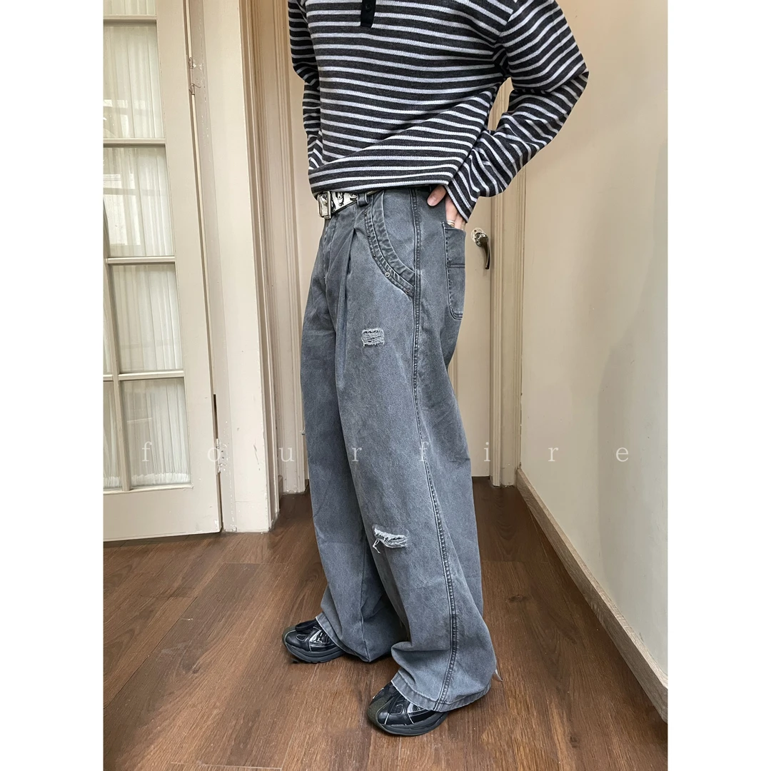 FF重磅做旧磨破格纹水洗工装裤撞钉破洞百搭简约休闲显瘦长裤