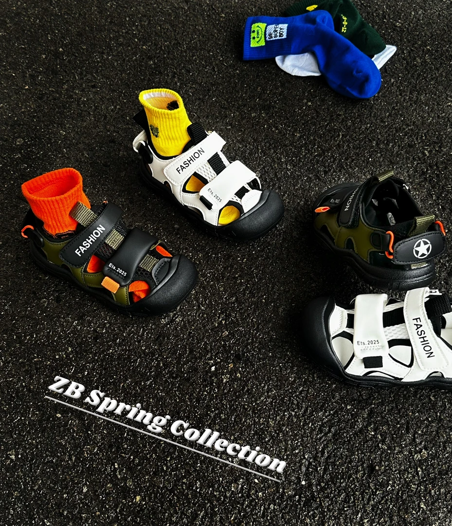 【哲豹】2025夏季新款【帅帅-牛皮】儿童百搭休闲框子凉鞋运动鞋