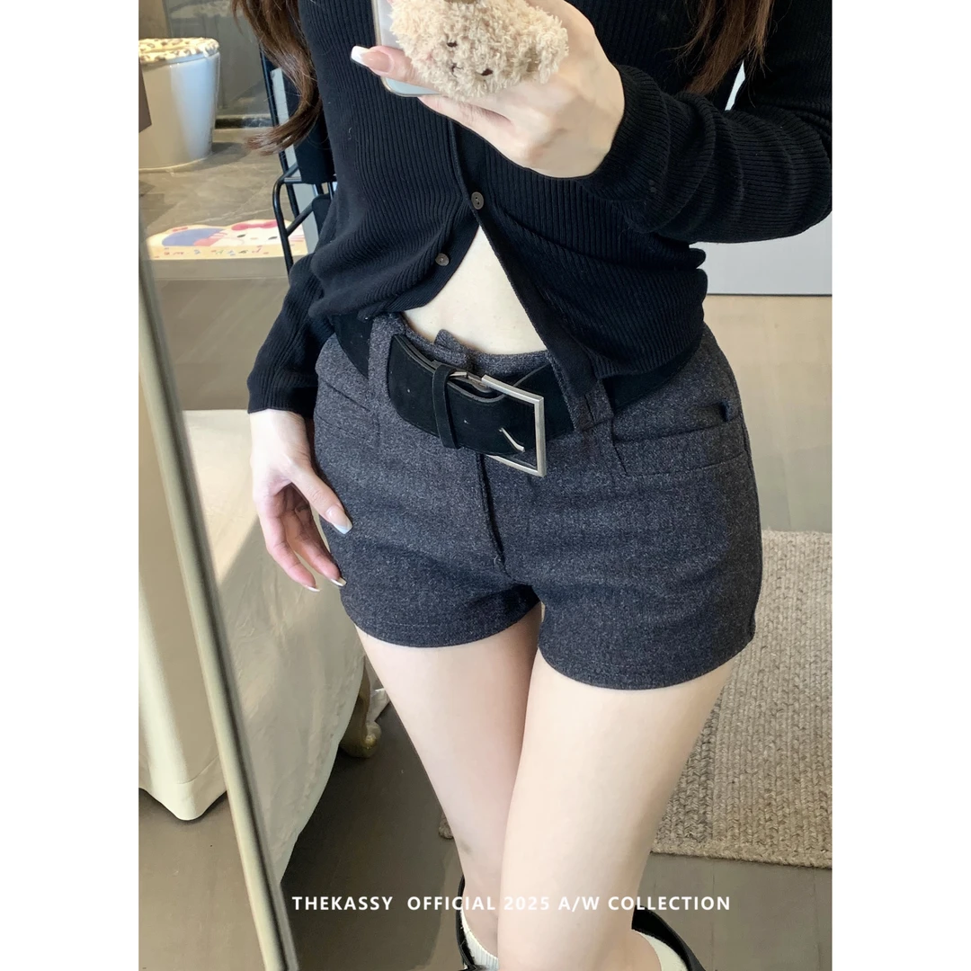 秋冬新款韩版简约纯色通勤百搭毛呢休闲短裤显瘦修身靴裤内搭短款