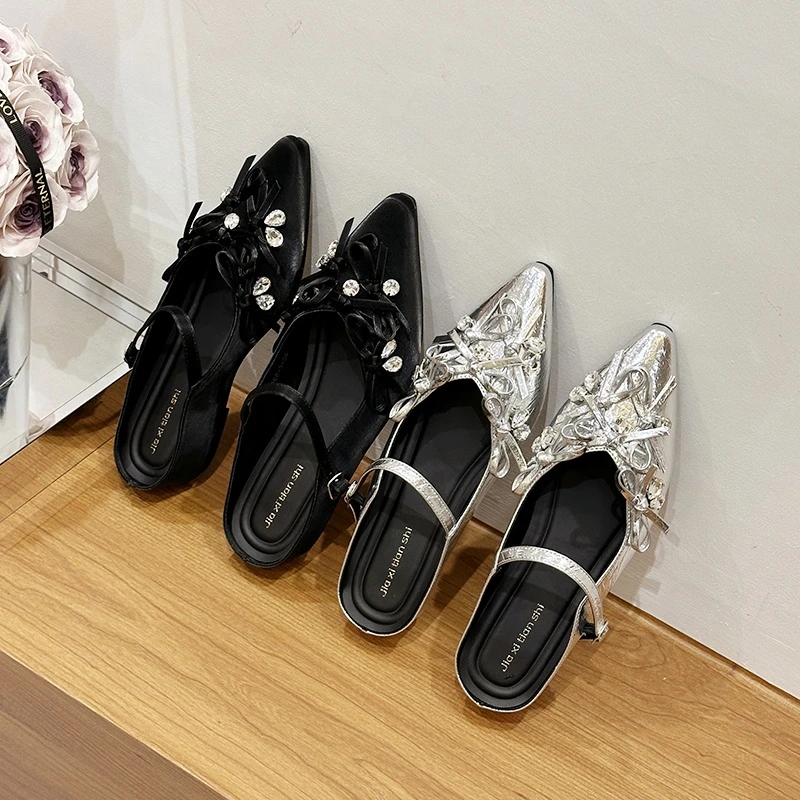 法式内增高尖头包拖鞋女鞋子夏季2025新款蝴蝶结水钻外穿百搭单鞋