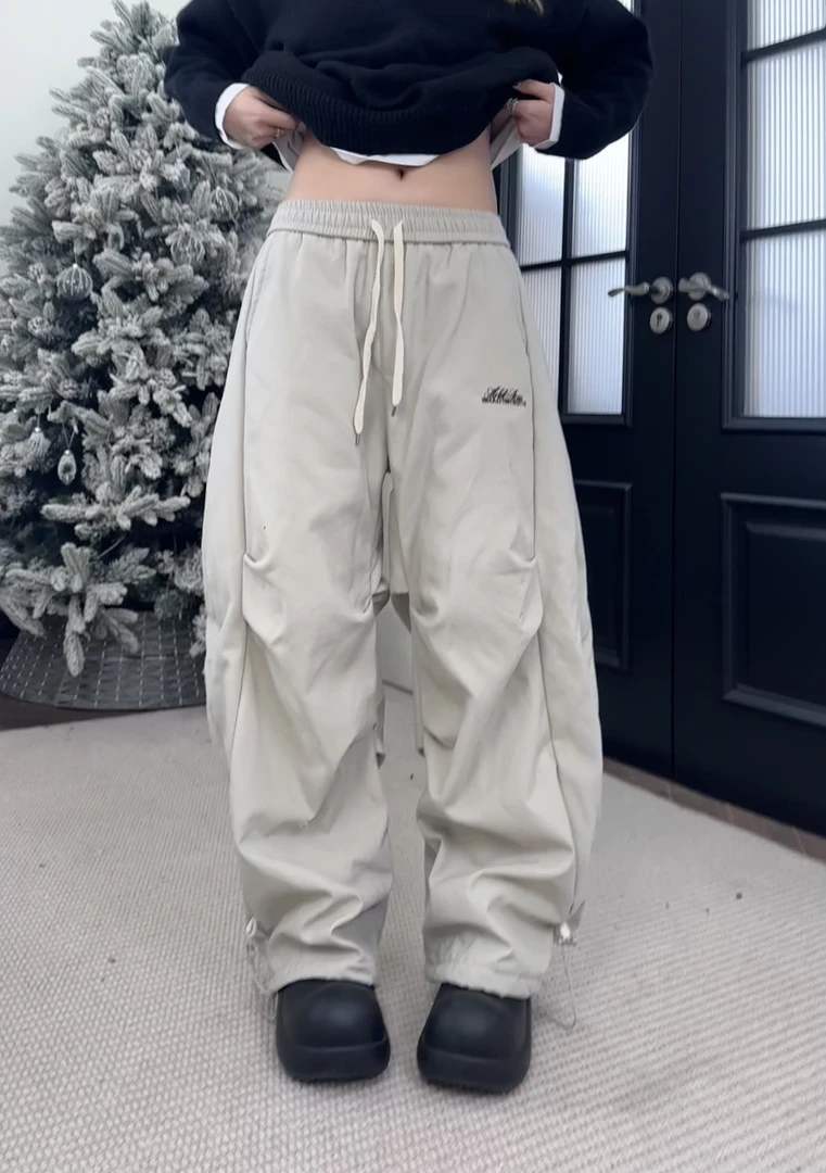 2024秋冬设计感褶皱松紧腰加绒加厚弯刀休闲裤男女款百搭纯色裤子