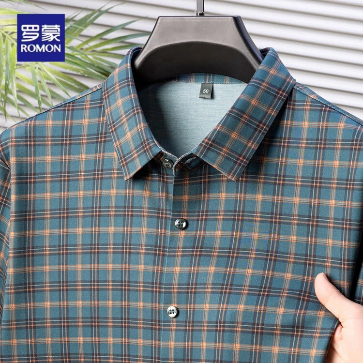 罗蒙夏季衬衫男士商务免烫衬衫短袖格纹衬衫男士秋季格子长袖衬衫