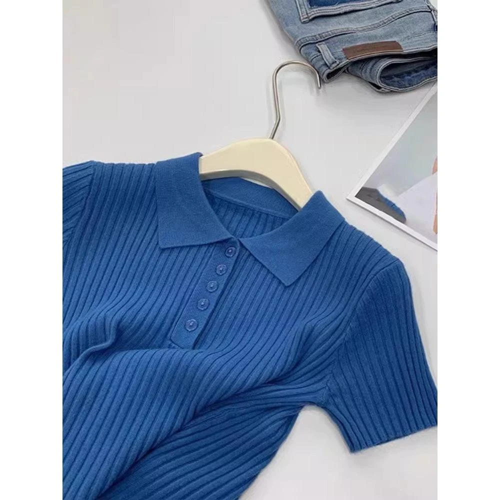 今年流行polo领蓝色针织短袖T恤女2025新款修身显瘦洋气减龄上衣