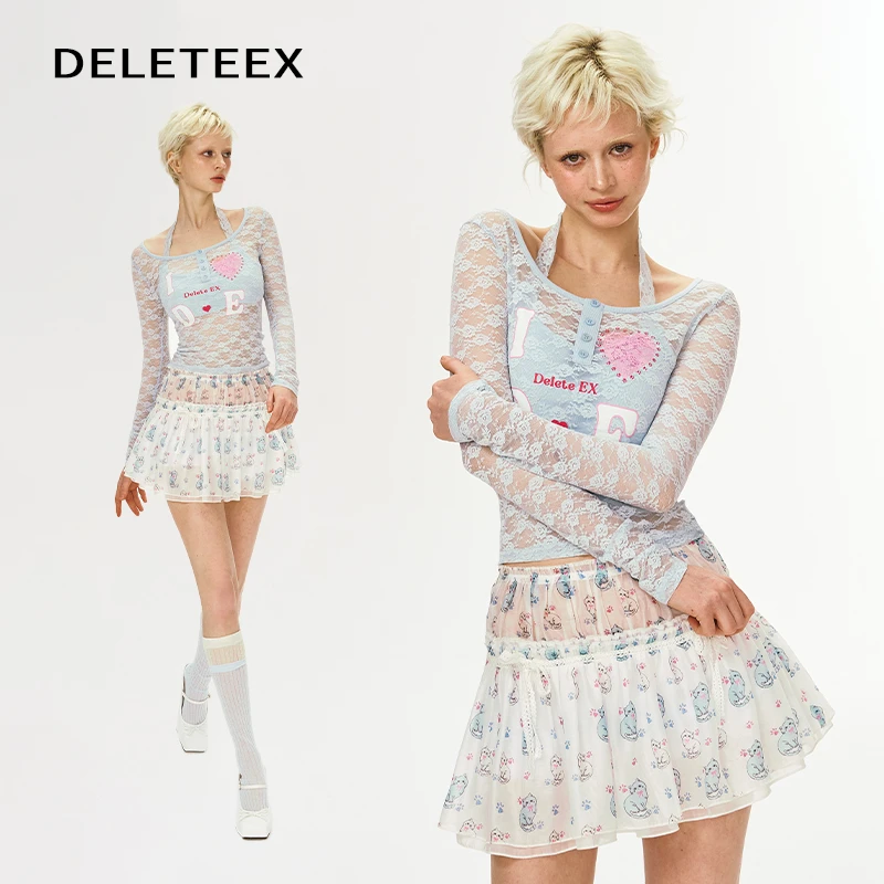DeleteEX原创meowmeow系列假两件爱心印花蕾丝长袖修身微透打底