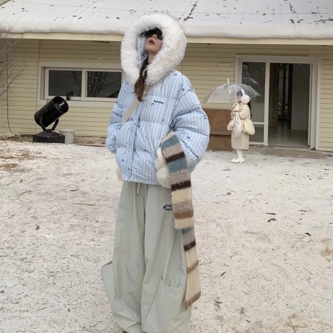 美式复古大毛领连帽短款女棉服设计感学生面包服外套