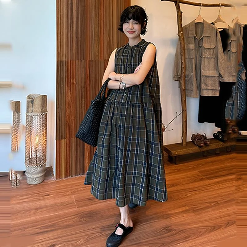 BUU青菱高级感复古拼接无袖格子连衣裙宽松显瘦休闲气质长裙子女