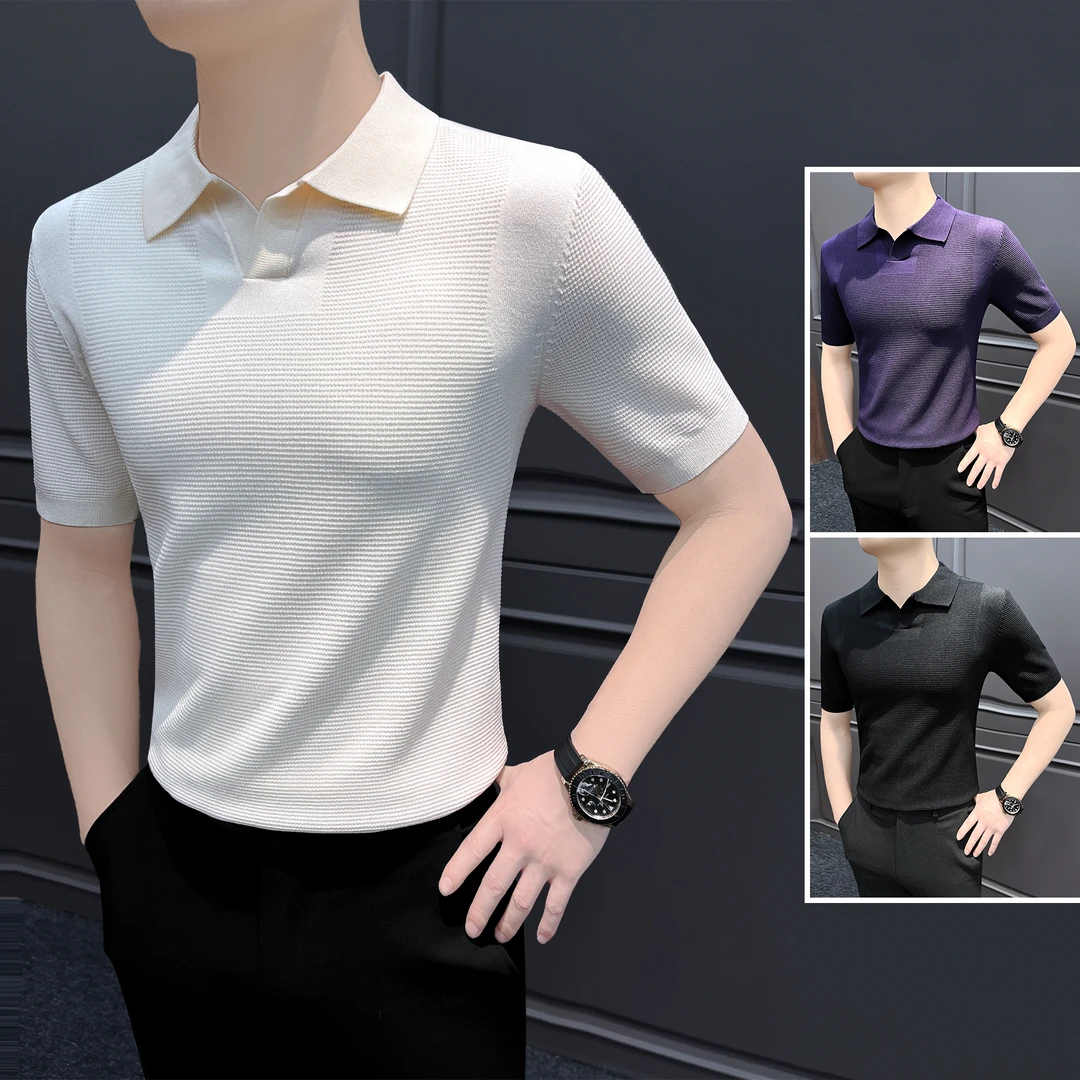 针织小v领polo衫男款秋冬上衣商务休闲高级感痞帅翻领男士短袖t恤