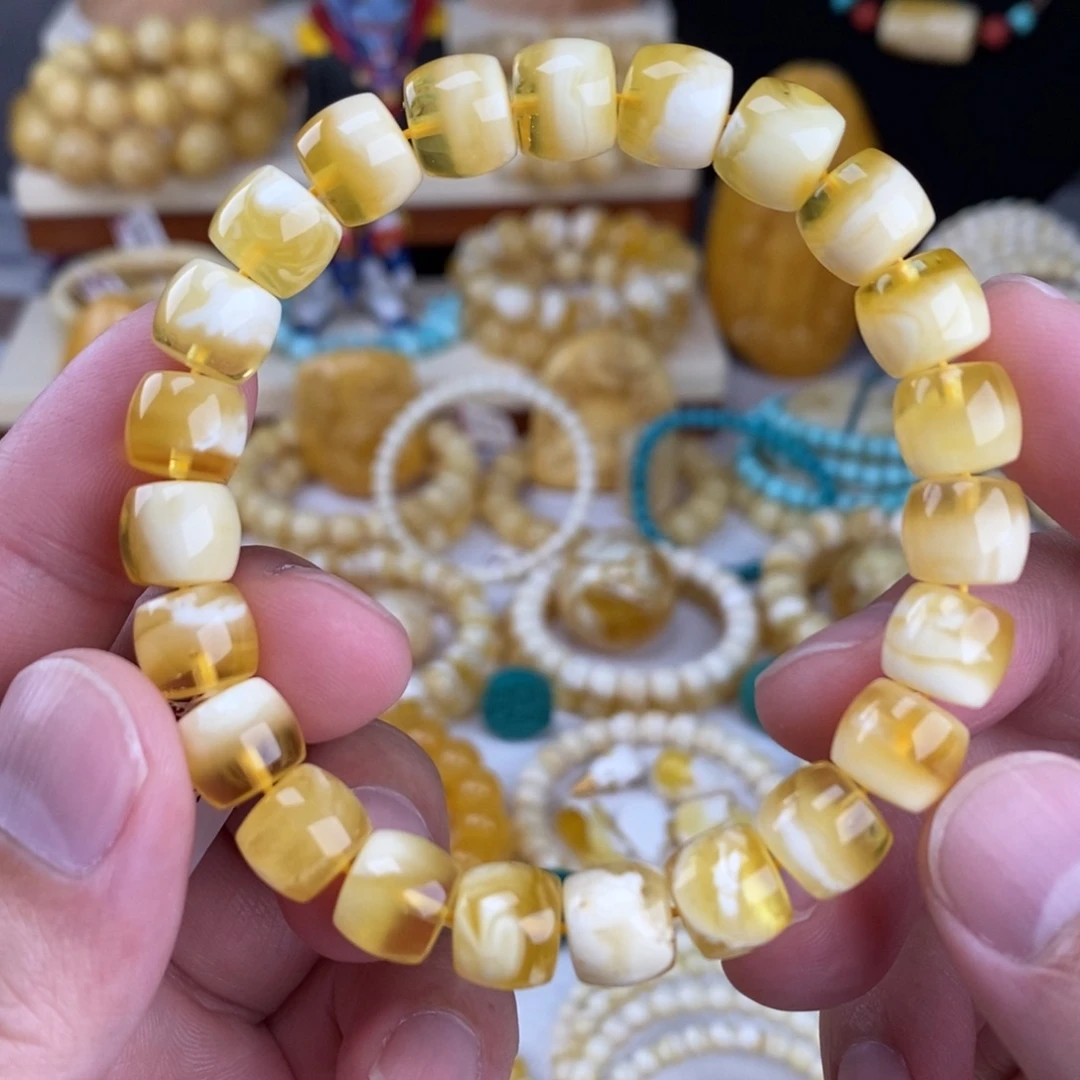 蜜蜡未镶嵌手链金瓷白聚宝盆10mm直切