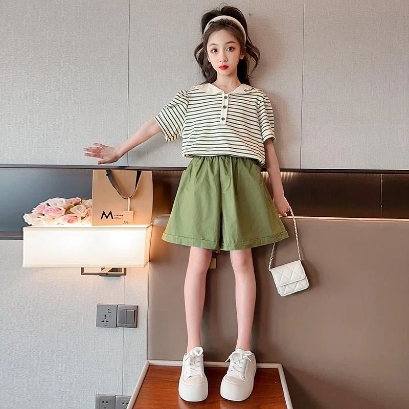 女童女孩夏季条纹polo衫卡其短裤潮酷休闲少女活力时尚童装套装