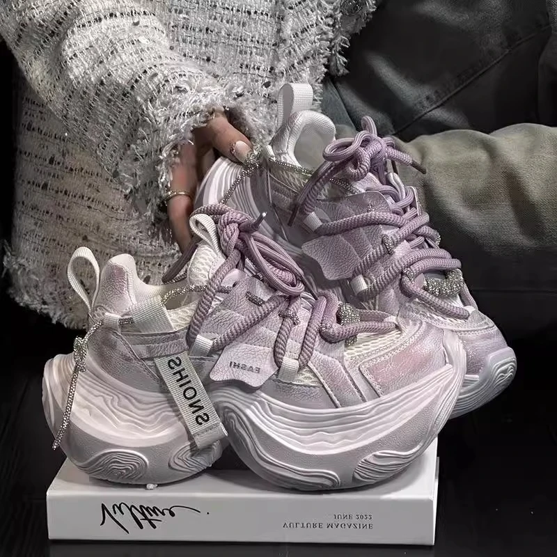 欧货擦色做旧松糕厚底老爹鞋女百搭时尚系带小个子增高休闲运动鞋