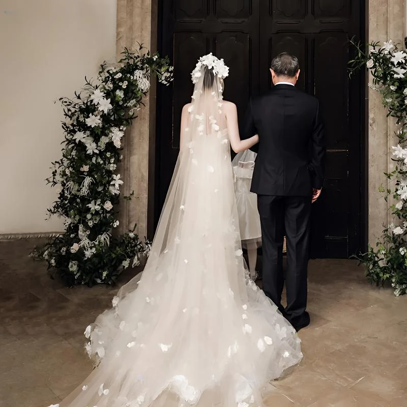 超仙唯美手工花朵珍珠头纱旅拍摄影森系户外造型新娘结婚礼头纱