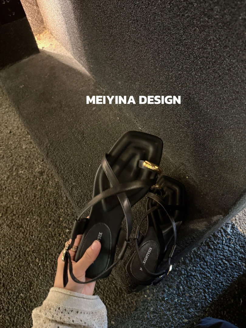 MEIYINA定制全真皮 牛皮极简金属扣凉鞋