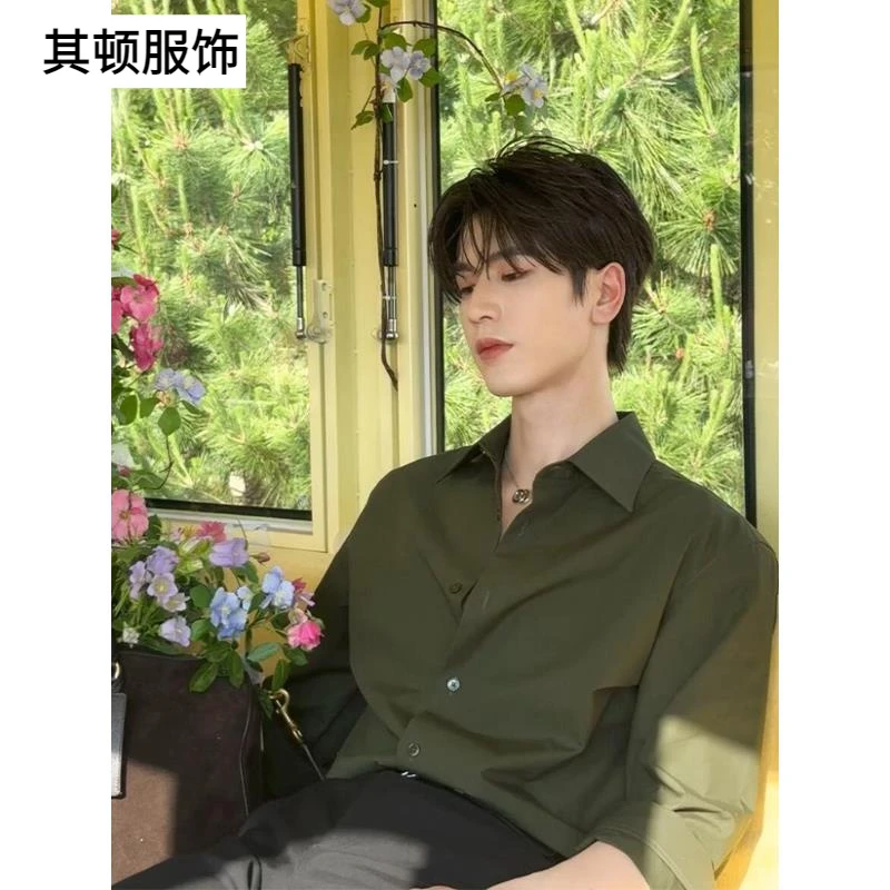 张凌赫同款绿色衬衫男高级感痞帅冰丝长袖衬衣薄外套夏季韩系穿搭