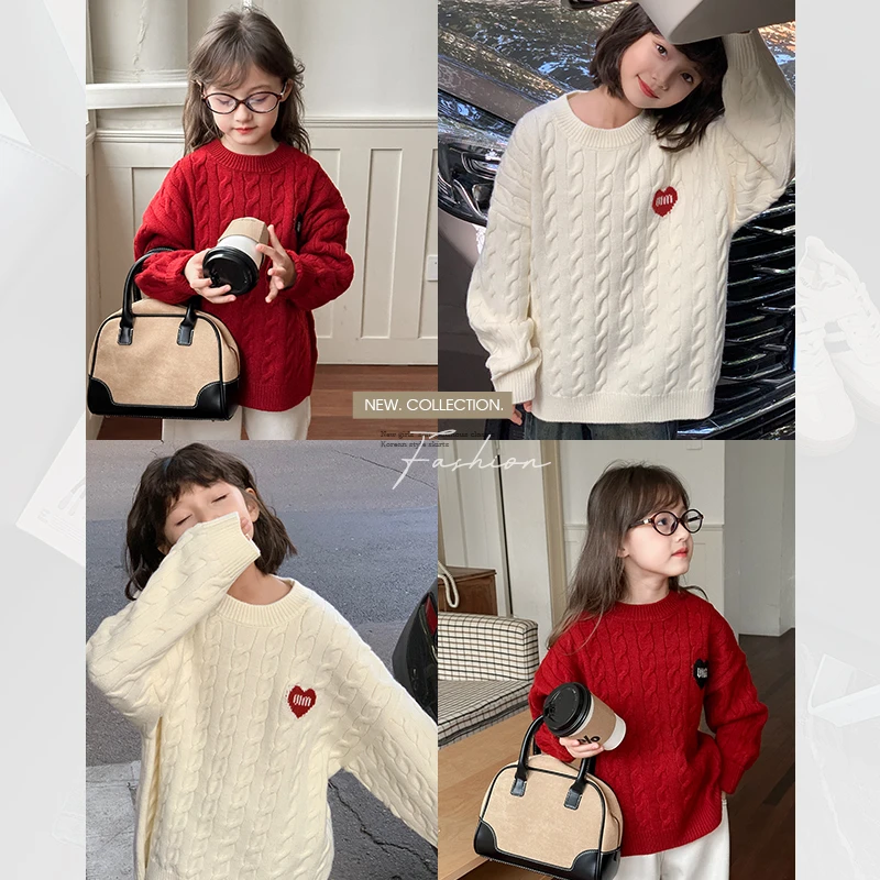 儿童毛衣2024冬季新款男女童洋气红色爱心针织麻花加厚套头上衣潮