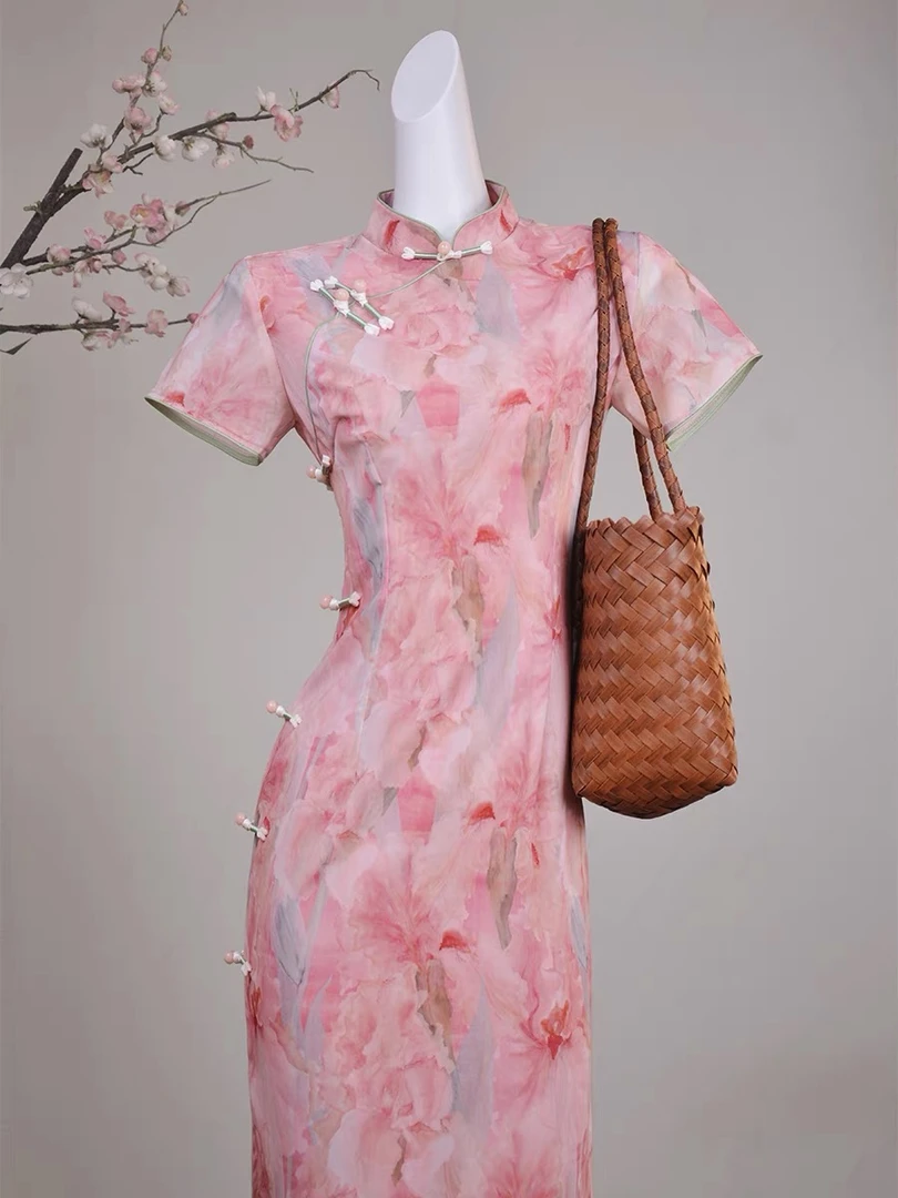 粉色旗袍女新中式少女小个子高级感2025年新款夏季日常可穿连衣裙