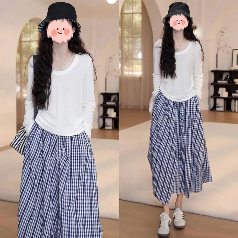 2025夏季韩式新款蕾丝花边长袖T恤百搭格子半身裙高级感两件套女