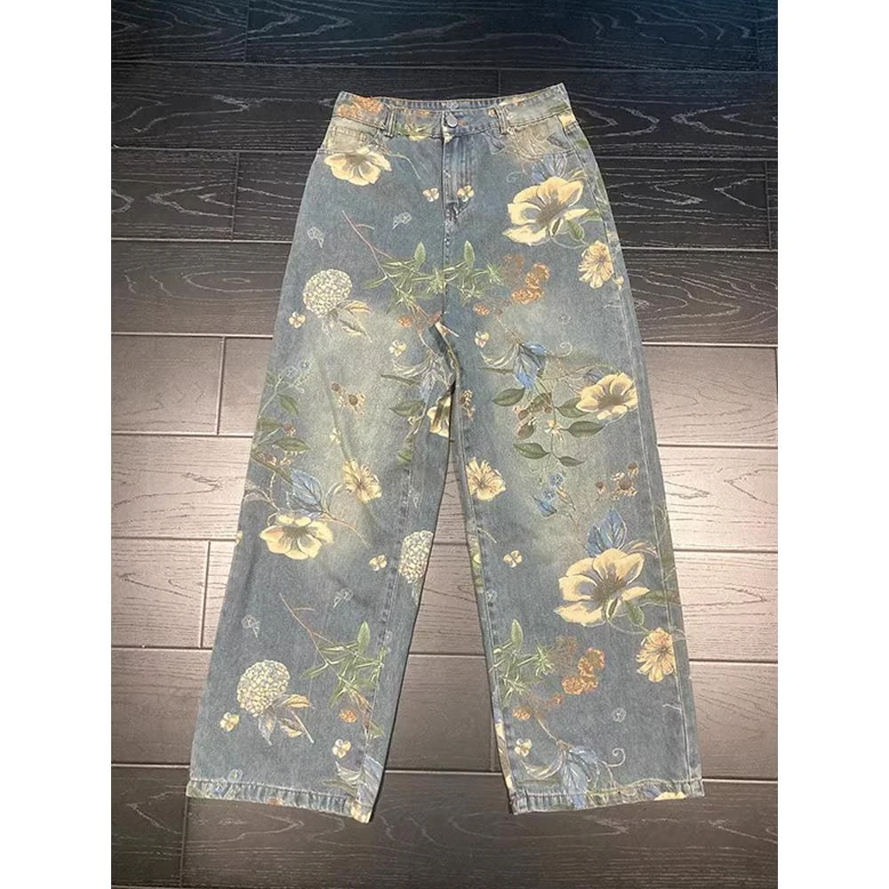 夏季新款美式复古印花阔腿牛仔裤子男女小众设计感宽松直筒弯刀裤