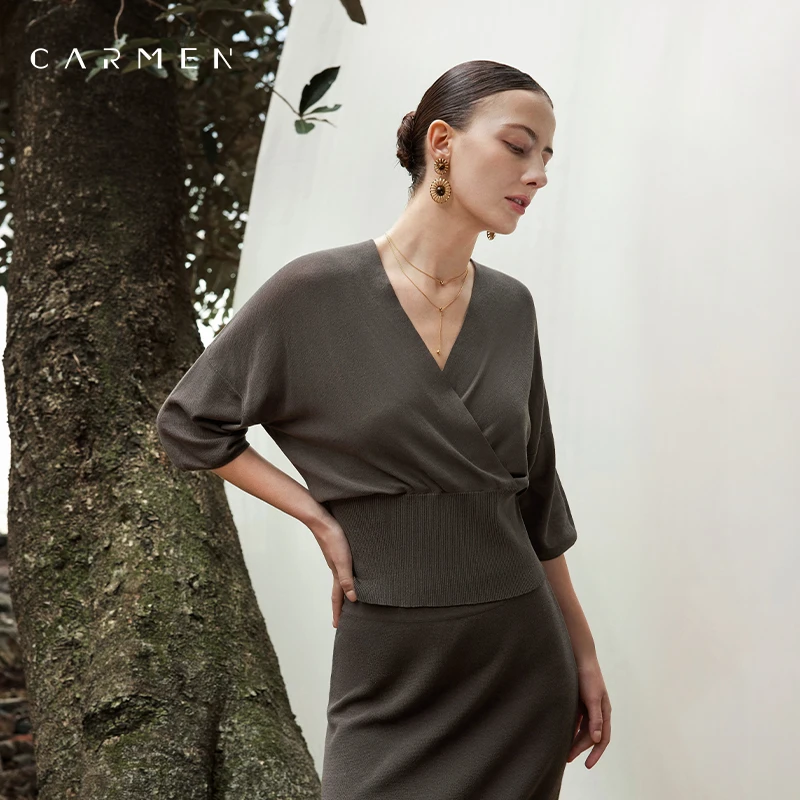 Carmen高端大牌v领短袖醋酸t恤女2025春装时尚显瘦OL气质针织上衣