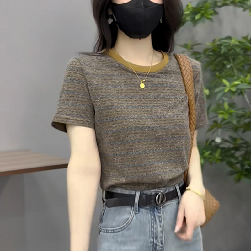 舒适感经典复古条纹圆领正肩短袖t恤女2025新款夏季洋气别致上衣