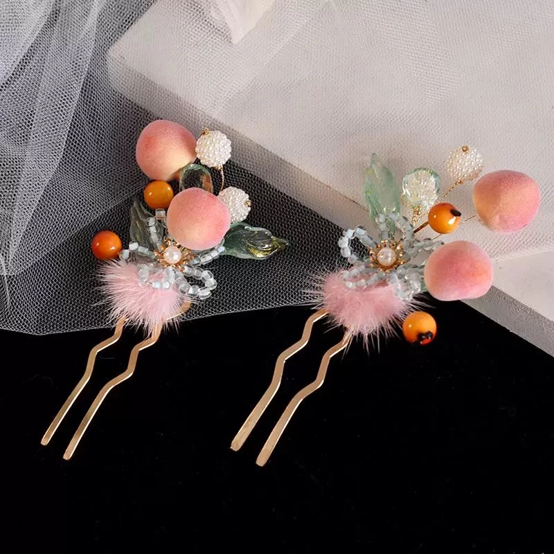 可爱桃发钗，新中式粉色桃子仙气发夹边夹成人儿童发饰头饰（301）