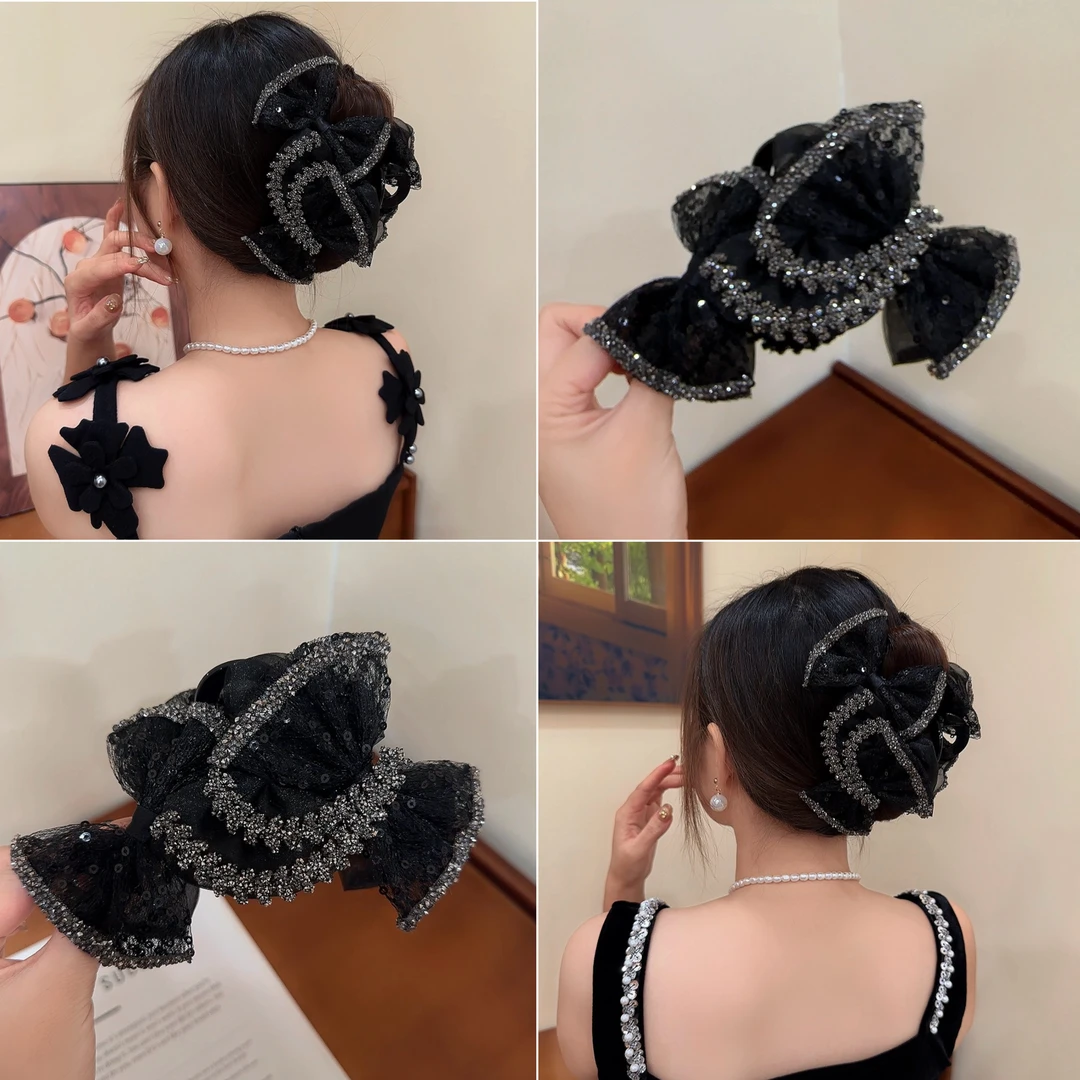 高级感赫本风轻奢麦穗AB面蝴蝶结抓夹显发量后脑勺盘发鲨鱼夹发饰