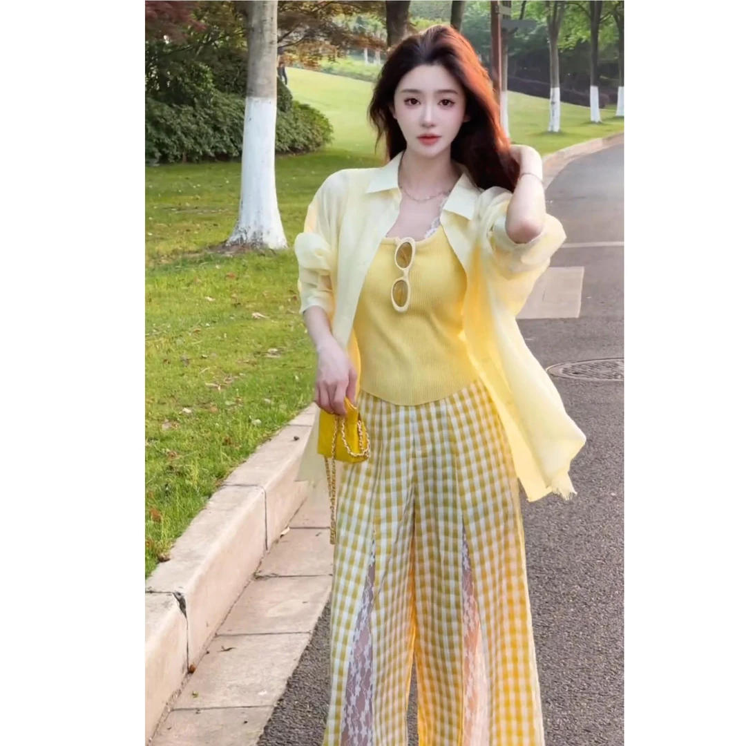 2025夏季新款时尚设计感甜美减龄别致百搭吊带开衫裤子三件套